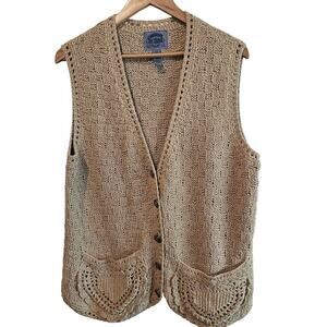Vintage Cambridge Dry Goods Sweater Vest Women Lg Tan Floral 90s Crochet Cottage